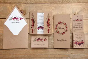 Hochzeitseinladung mit Accessoires - Waldfrüchte Nr. 3 - Burgunderrosen - Bio mit Umschlag