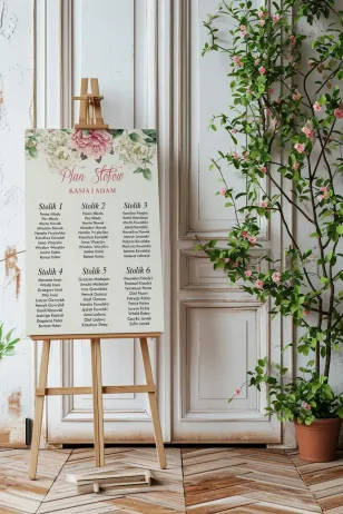 Elegancki weselny plan stołów z bogatymi ilustracjami kwiatowymi | Idealny plan rozmieszczenia gości | Kraft nr 2