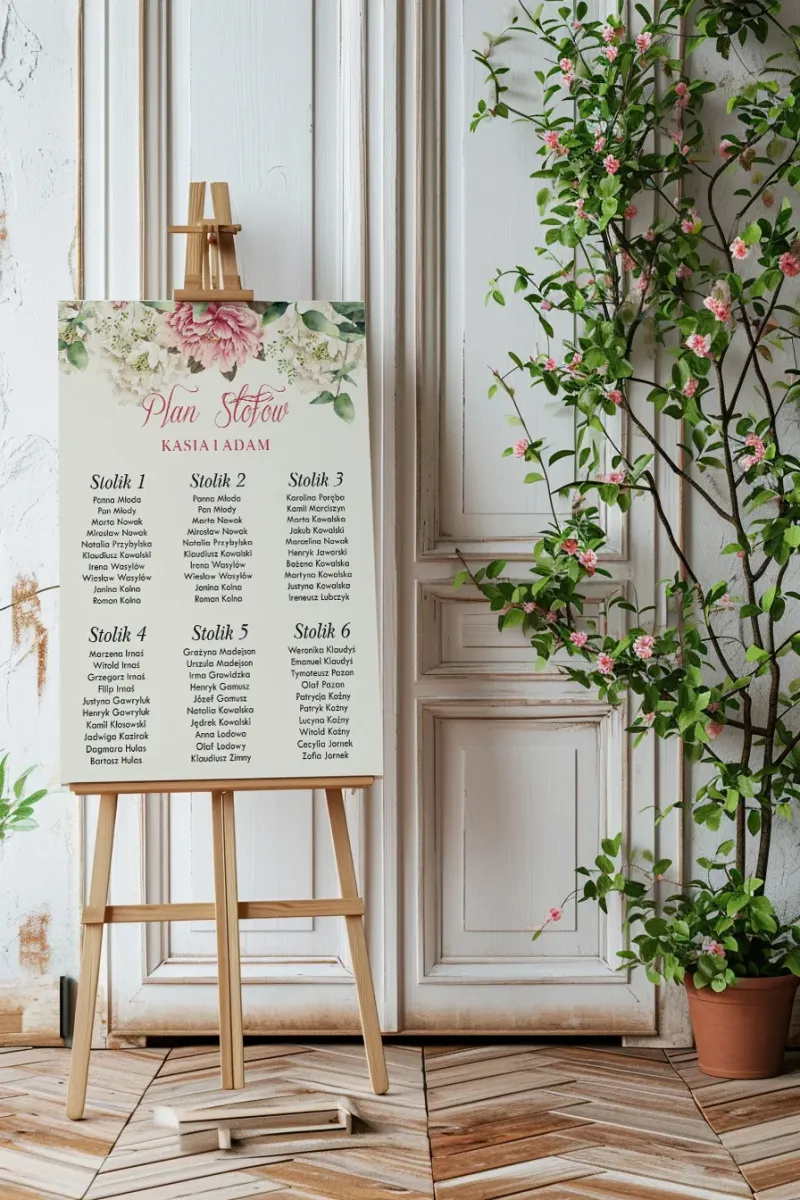 Romantyczny plan stołów weselnych z botanicznymi ilustracjami | Kraft nr 2
