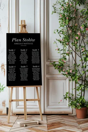 Elegancki plan stołów weselnych z ciemnym tłem i jasną czcionką | Minimalistyczny luksus | Kraft nr 8