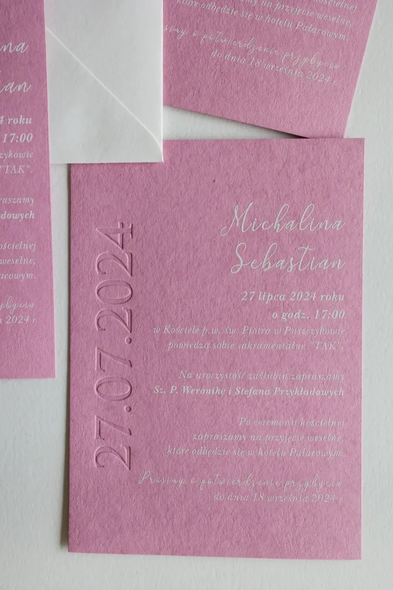 Eleganckie Zaproszenie Ślubne z Tłoczeniem na różowym papierze | Karmen nr 5