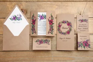 Hochzeitseinladung mit Accessoires - Waldfrüchte Nr. 5 - Lila Blumen - Bio mit Umschlag