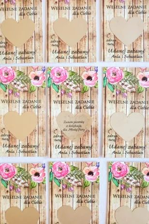 Personalizowane Zdrapki Ślubne z różowymi kwiatami, rustykalne drewniane tło | Zaproszenia zdrapki ślubne | Rustykalne nr 1