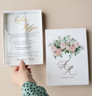 Zaproszenia Ślubne na szkle, różowe kwiaty, eleganckie złocenia | Nowoczesne Zaproszenia ślubne dla Rodziców | Rubin nr 9