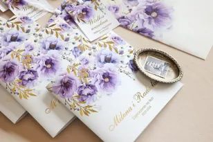 Eleganckie Zaproszenia Ślubne, fioletowe kwia, złocenia | zaproszenia ślubne glamour, weselne zaproszenia | Rubin nr 15