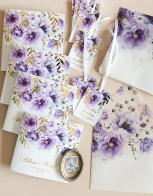 Eleganckie Zaproszenia Ślubne, fioletowe kwia, złocenia | zaproszenia ślubne glamour, weselne zaproszenia | Rubin nr 15