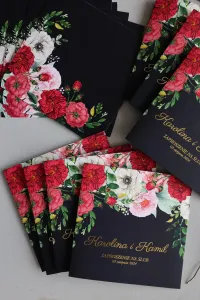 Eleganckie Złocone Zaproszenia Ślubne Granatowe z Kwiatami