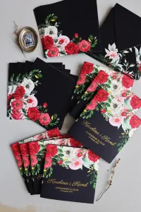 Eleganckie Złocone Zaproszenia Ślubne Granatowe z Kwiatami