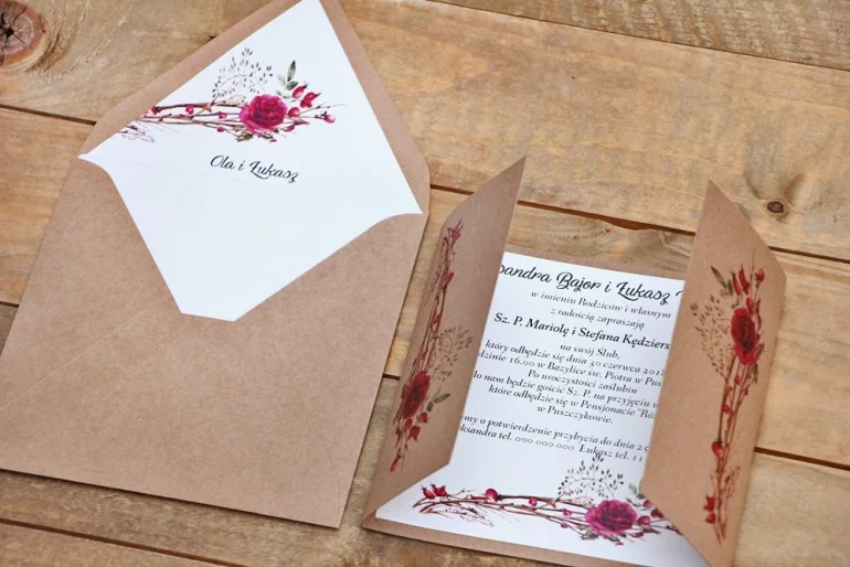 Zaproszenia na Ślub z motywem gałązek dzikiej róży | Weselne Zaproszenia na ekologicznym papierze