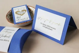 Personalizowane Winietki Ślubne, niebieski papier, złocone elementy | Eleganckie winietki na stół | Avril nr 7