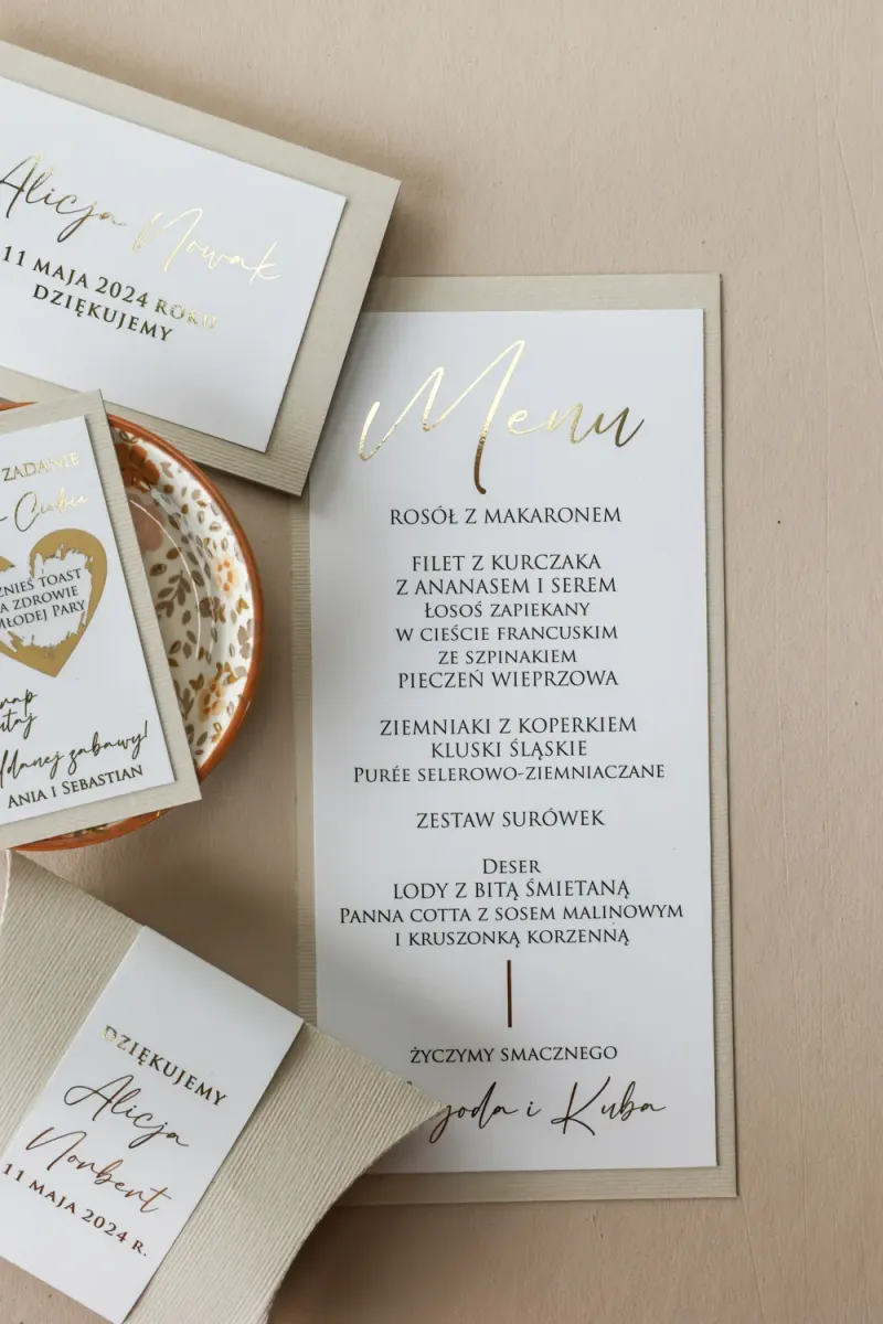 Beżowe menu ślubne | Personalizowane menu weselne | Menu Ślubne Avril nr 10