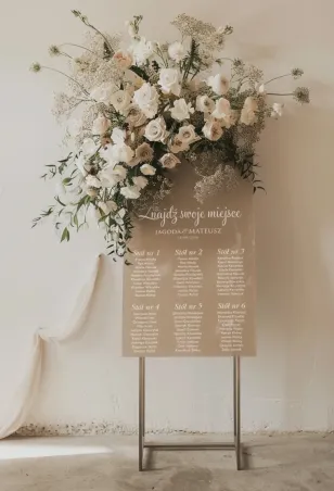 Plan Stołów na Pleksi z białym tekstem | Personalizowane plany stołów na wesele, rozmieszczenie gości weselnych | Avril nr 10