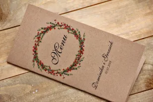 Menu weselne, stół weselny - Owoce Leśne nr 8 - Gałązki świerku i jarzębina - ekologiczne dodatki ślubne