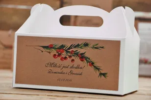 Prostokątne pudełko na ciasto, tort weselny, ślub - Owoce Leśne nr 8 - Świerk i jarzębina - Ekologiczne dodatki ślubne