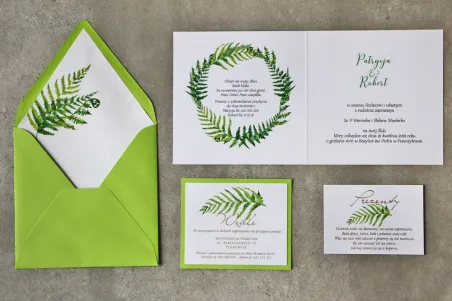 Zielone zaproszenia ślubne ze złoceniami. Złote zaproszenia ślubne z paprocią. RSVP. Cykade nr 11