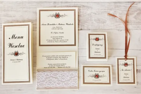 Zaproszenie ślubne z dodatkami - Z Koronką nr 4 - Brązowo-kremowe - Eleganckie z cyrkoniami i koronką