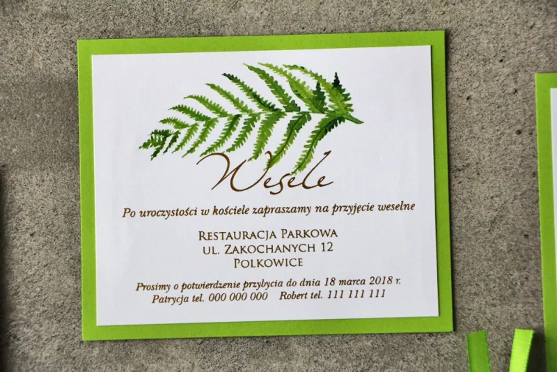 Bilecik dwuwarstwowy prezenty ślubne wesele - Cykade nr 11 ze złoceniem - Zielony liść paproci Bilecik dwuwarstwowy prezenty ślubne wesele - Cykade nr 11 ze złoceniem - Zielony liść paproci