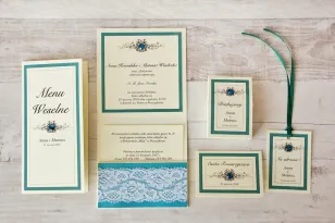 Zaproszenie ślubne z dodatkami - Z Koronką nr 5 - Szmaragdowe - Eleganckie z cyrkoniami i koronką
