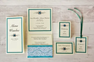 Hochzeitseinladung mit Accessoires - Mit Spitze Nr. 5 - Smaragd - Elegant mit Strasssteinen und Spitze