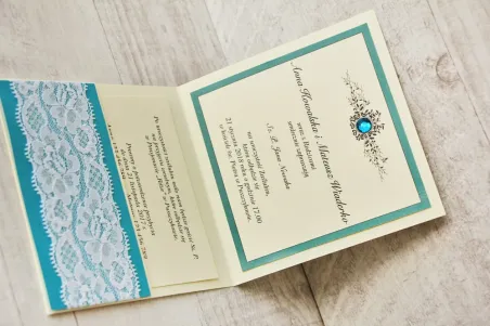 Hochzeitseinladung, elegante Hochzeitseinladungen mit Strasssteinen - Mit Spitze Nr. 5 - Smaragd - Innenseite der Einladung