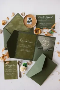 Luksusowe zaproszenia ślubne na pleksi | Zieleń i Złoto | PR32