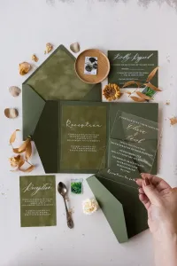 Luksusowe zaproszenia ślubne na pleksi | Zieleń i Złoto | PR32