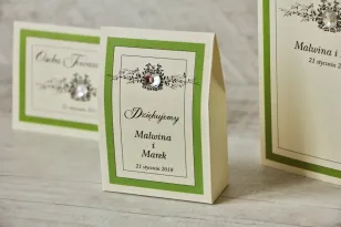 Pudełeczko stojące na cukierki, podziękowania dla Gości weselnych - Z Koronką nr 6 - Zielone - Eleganckie dodatki ślubne