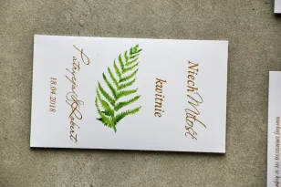 Podziękowania dla Gości weselnych - Nasiona Niezapominajki - Cykade nr 11 ze złoceniem - Intensywnie zielony liść paproci