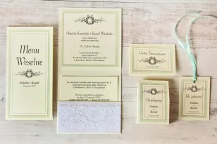 Hochzeitseinladung mit Accessoires - Mit Spitze Nr. 8 - Mint mit Halbperle - Elegant mit Perlen und Spitze