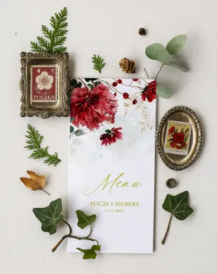 Menu Weselne Złocone z Czerwonymi Kwiatami | Personalizowana Karta Dań