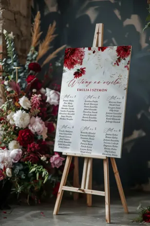 Plan Stołów Weselnych Czerwone Kwiaty Akwarela | Personalizowana Tablica Gości