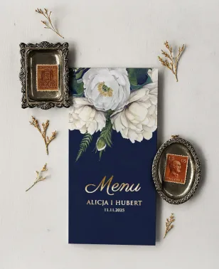 Granatowe Menu Weselne Złocone z Białymi Kwiatami | Ruskus nr 3