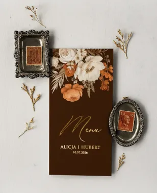 Brązowe Menu Weselne Złocone z Piwoniami | Elegancka Papeteria Ślubna | Ruskus nr 4