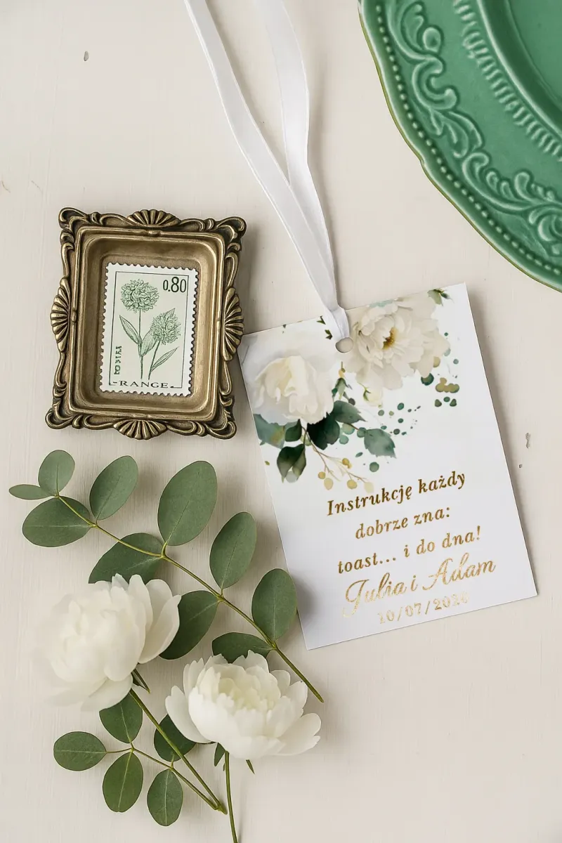 Złocone Zawieszki na Wódkę Weselną Białe Kwiaty | Personalizowane Etykiety na Butelki Złocone Zawieszki na Wódkę Weselną Białe Kwiaty | Personalizowane Etykiety na Butelki