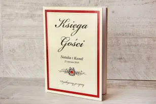 Księga Gości - dodatki ślubne, weselne - Z Koronką nr 9 - Czerwono-kremowa - Elegancka z cyrkonią