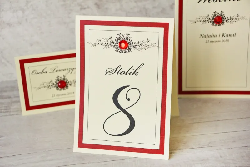 Numery stolików, stół weselny, ślub - Z Koronką nr 9 - Czerwone dodatki ślubne, elegancka czerwień, z cyrkonią
