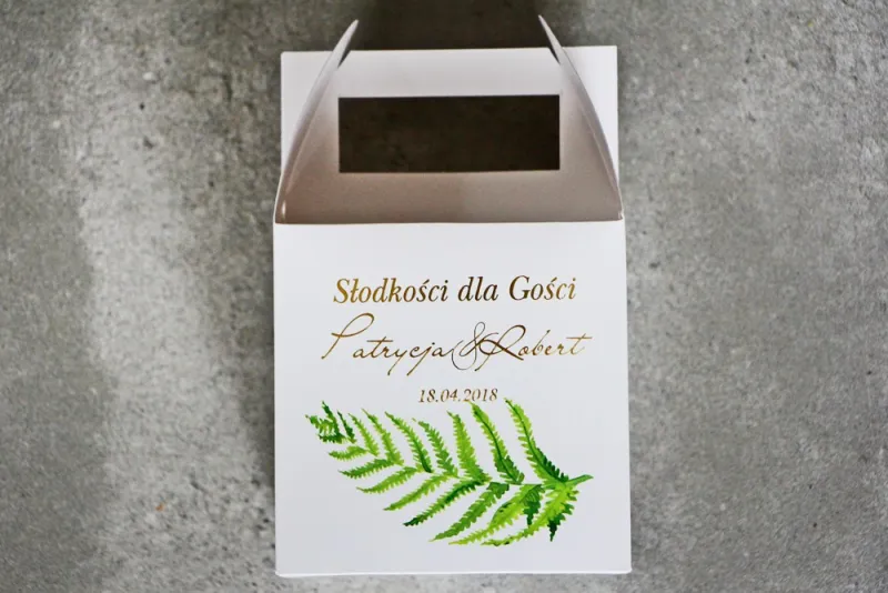 Schachtel für quadratische Torte, Hochzeitstorte - Zikade Nr. 11 mit Vergoldung - Intensiv grüner Farn
