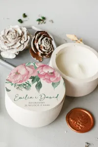 Świeczka Sojowa Podziękowanie dla Gości | Grafika Różowe Piwonie