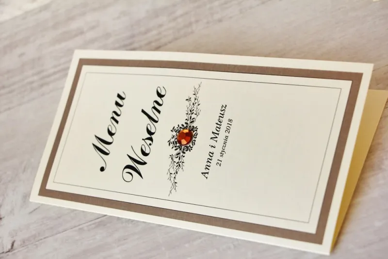 Menu weselne, stół weselny - Z Koronką nr 4 - Brązowe - eleganckie dodatki ślubne z cyrkonią Menu weselne, stół weselny - Z Koronką nr 4 - Brązowe - eleganckie dodatki ślubne z cyrkonią