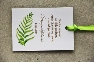 Grüne Kleiderbügel für Hochzeitsflaschen mit Vergoldung und Farn. Goldene Hochzeitsanhänger - Zikade Nr. 11