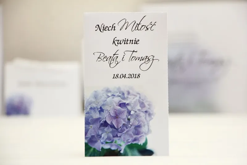 Podziękowania dla Gości weselnych - nasiona Niezapominajki - Elegant nr 2 - Liliowa hortensja - kwiatowe dodatki ślubne