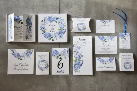 Efektowne zaproszenie ślubne w pudełku z dodatkami - Pistacjowe nr 1 - Błękitne hortensje