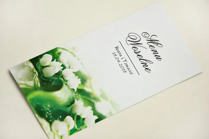 Menu weselne, stół weselny - Elegant nr 3 - Białe konwalie - Eleganckie kwiatowe wzory - dodatki ślubne Menu weselne, stół weselny - Elegant nr 3 - Białe konwalie - Eleganckie kwiatowe wzory - dodatki ślubne