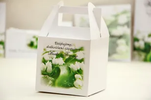 Pudełko na ciasto kwadratowe, tort weselny - Elegant nr 3 - Białe konwalie - kwiatowe dodatki ślubne