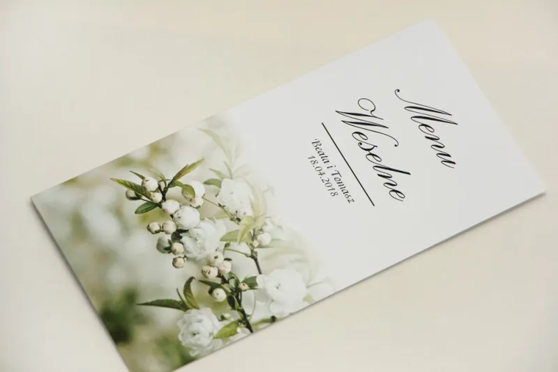 Menu weselne, stół weselny - Elegant nr 6 - Białe kwiaty - dodatki ślubne