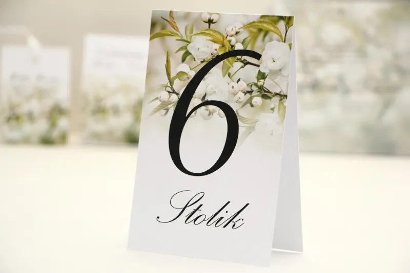 Numery stolików, stół weselny, ślub - Elegant nr 6 - Białe kwiaty - dodatki ślubne kwiatowe