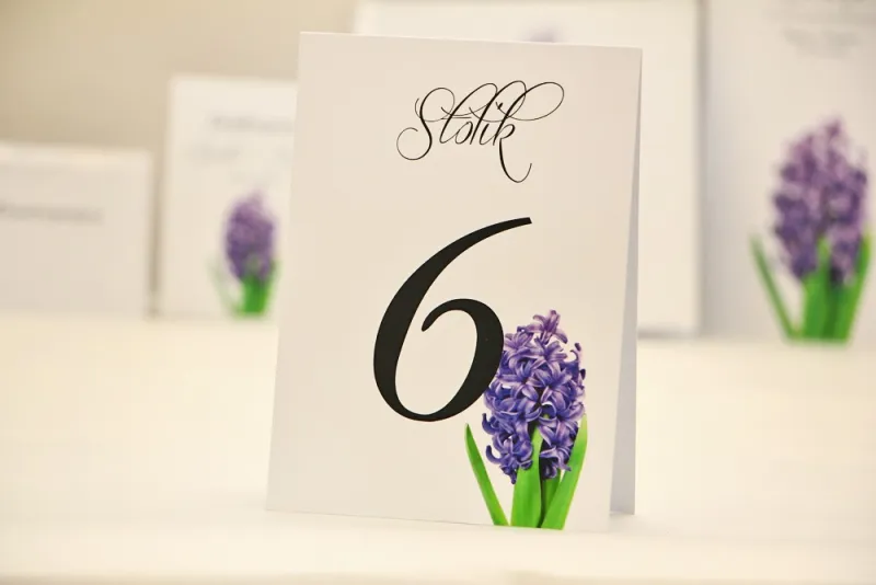 Numery stolików, stół weselny, ślub - Elegant nr 7 - Hiacynt - dodatki ślubne kwiatowe