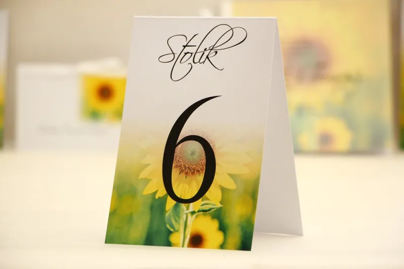 Numery stolików, stół weselny, ślub - Elegant nr 8 - Letnie słoneczniki - dodatki ślubne kwiatowe