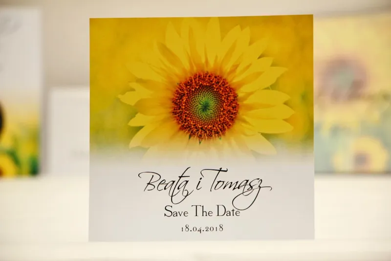 Bilecik Save The Date do zaproszenia ślubnego - Elegant nr 8 - Żółte letnie słoneczniki