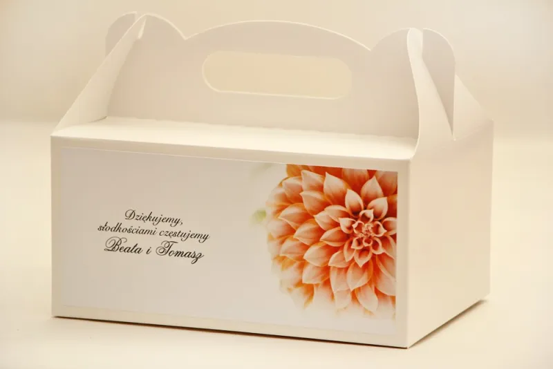Prostokątne pudełko na ciasto, tort weselny, ślub - Elegant nr 9 - Łososiowa dalia - kwiatowe dodatki ślubne